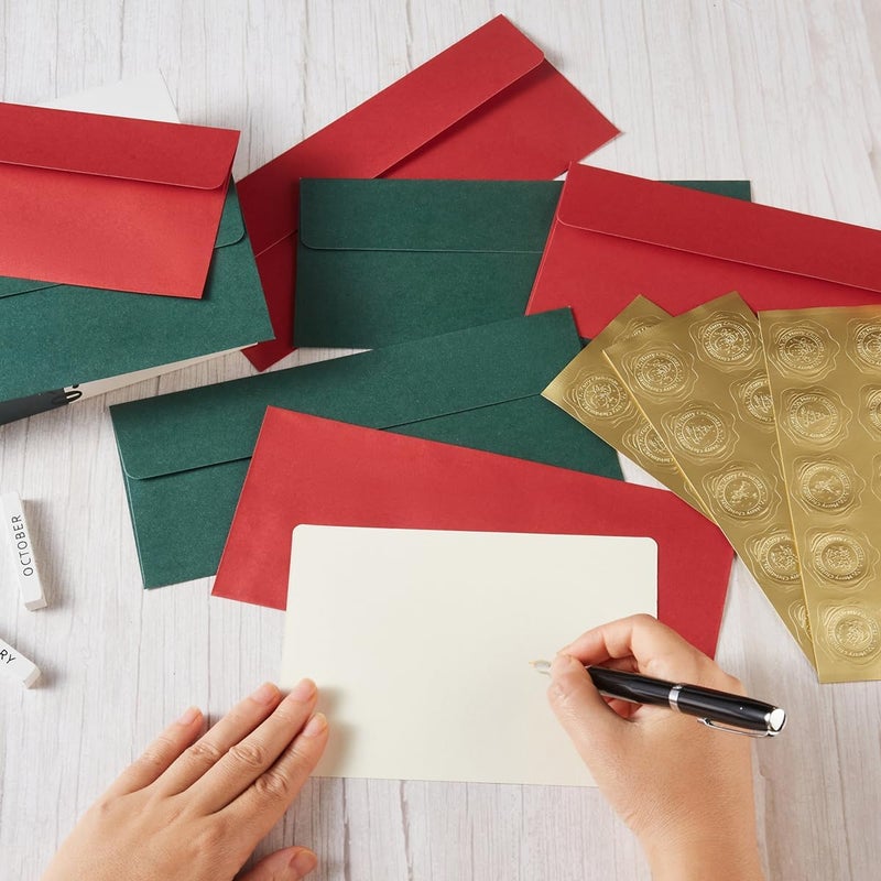 Wishop 50 Pack Shiny #10 Business Envelopes Self Seal Standard Envelopes with Gold Stickers for Office Checks, Business Cards, Letter Mailing Invoices, 4.13 x 9.49 Inches (Christmas Red Green) - Image 5